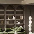 Modern Living Room With Dark Green Sofa And Arched Bookshelves