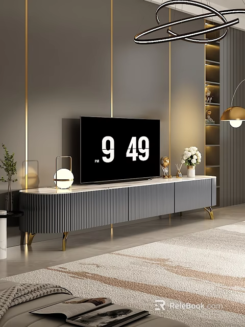 Modern Gray TV Stand With Marble Top Gold Legs And Flat Screen TV Decorative Vase 3d model 