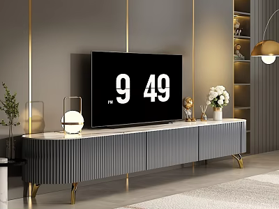 Modern Gray TV Stand With Marble Top Gold Legs And Flat Screen TV Decorative Vase 3d model