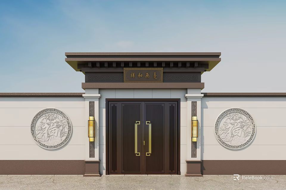 Traditional Entrance Gate with Dark Wooden Doors Golden Handles Round Carved Relief Panels Above Plaque 3d model 