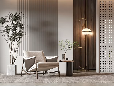 Modern Beige Single Sofa With Striped Wall Wooden Accent Floor Lamp And Green Plants 3d model