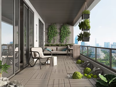 Cozy Home Balcony with Wooden Deck Wall Plants Hanging Planters and Outdoor Furniture 3d model
