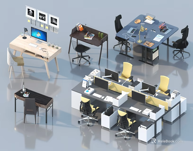 Various Office Desk Styles With Ergonomic Chairs Computers And Modern Workstations In Workspace 3d model