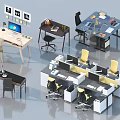 Various Office Desk Styles With Ergonomic Chairs Computers And Modern Workstations In Workspace 3d model
