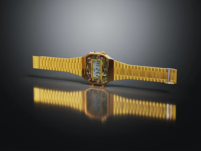 Elegant Gold Digital Watch With Square Dial Shiny Metallic Strap And Reflection 3d model