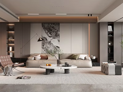 Modern Living Room Interior With Beige Sofa Coffee Table Striped Rug And Decorative Wall Art 3d model