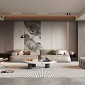 Modern Living Room Interior With Beige Sofa Coffee Table Striped Rug And Decorative Wall Art