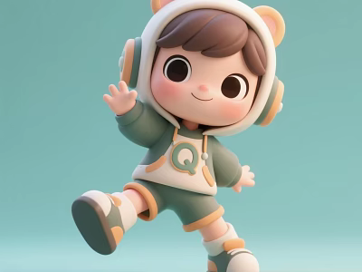 Cute Cartoon Plush Doll Wearing Headphones With Green White Outfit And Waving Hand 3d model