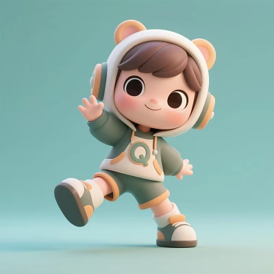 Cute Cartoon Plush Doll Wearing Headphones With Green White Outfit And Waving Hand 3d model