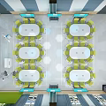 School Modern Classroom With Green Chairs White Tables Wall Screens And Ceiling Lights
