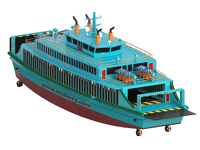 Blue Ferry With Three Chimneys Open Deck Vehicle Ramp And Umbrella Seating 3d model