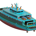 Blue Ferry With Three Chimneys Open Deck Vehicle Ramp And Umbrella Seating