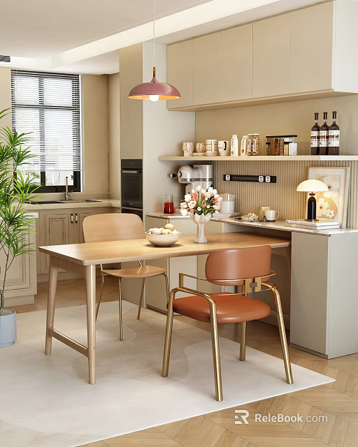 Modern Wooden Dining Table With Light Orange Chairs Vase Flowers Potted Plant And Kitchen Shelves 3d model 