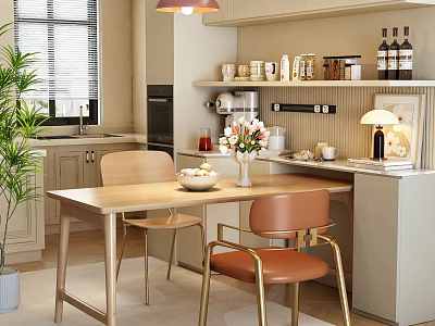 Modern Wooden Dining Table With Light Orange Chairs Vase Flowers Potted Plant And Kitchen Shelves 3d model