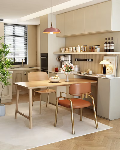 Modern Wooden Dining Table With Light Orange Chairs Vase Flowers Potted Plant And Kitchen Shelves 3d model