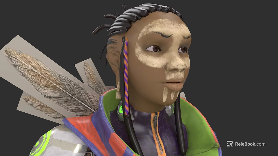 Game Movie Character With Braided Hair Colorful Stripes Facial Paint And Feather Decorations 3d model 
