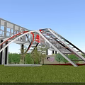 Modern Landscape Bridge With Red And White Metal Arch Structure And Green Grassland Trees