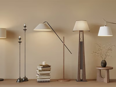 Modern Floor Lamps with Stack of Books Vase and Wooden Stool in Beige Wall Interior 3d model