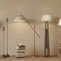 Modern Floor Lamps with Stack of Books Vase and Wooden Stool in Beige Wall Interior