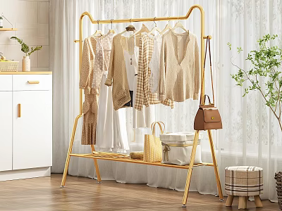 Gold Garment Rack With Hanging Clothes And Storage Shelf In Modern Room 3d model