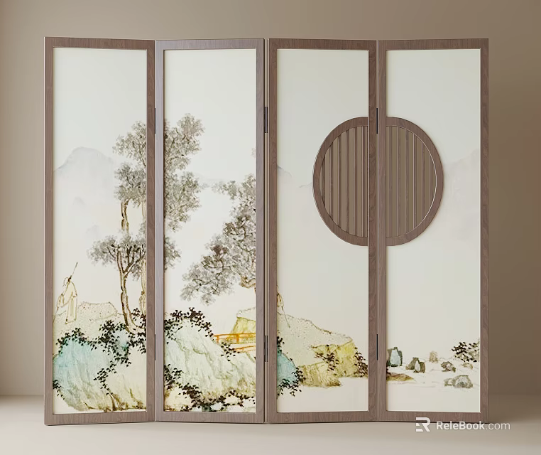 Traditional Chinese Folding Screen With Landscape Painting And Circular Wooden Frame 3d model 