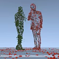Vines Forming Green And Red Human Shaped Figures Against Light Blue Background With Scattered Leaves