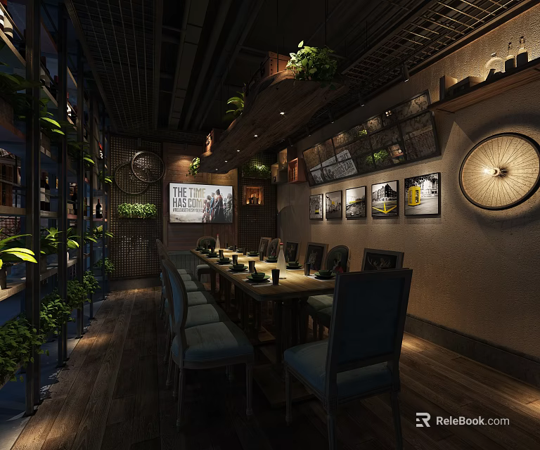 Elegant Private Dining Room With Long Wooden Table Comfortable Chairs And Decorative Paintings 3d model 