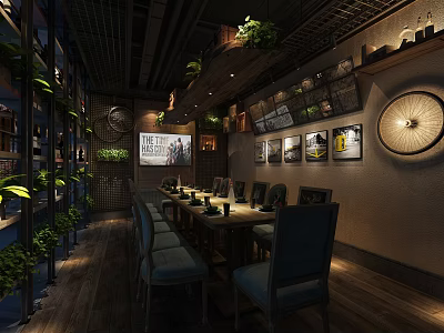 Elegant Private Dining Room With Long Wooden Table Comfortable Chairs And Decorative Paintings 3d model