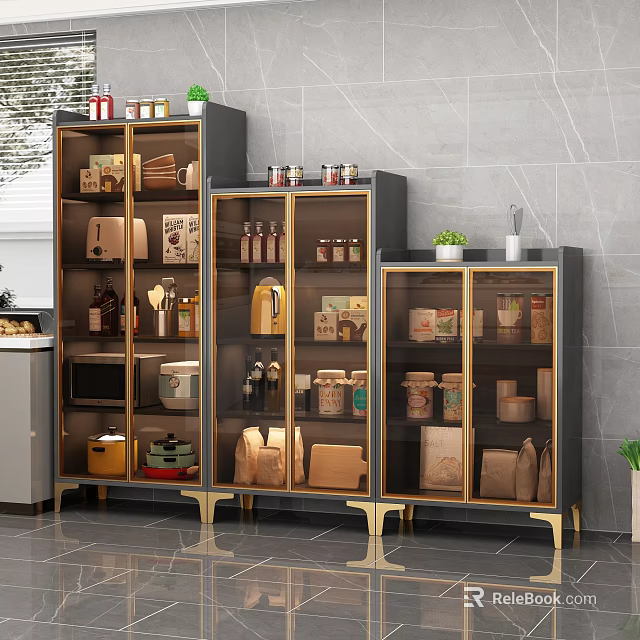 Elegant Modern Sideboard With Glass Doors Gold Legs And Kitchen Storage Jars 3d model 