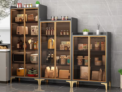 Elegant Modern Sideboard With Glass Doors Gold Legs And Kitchen Storage Jars 3d model