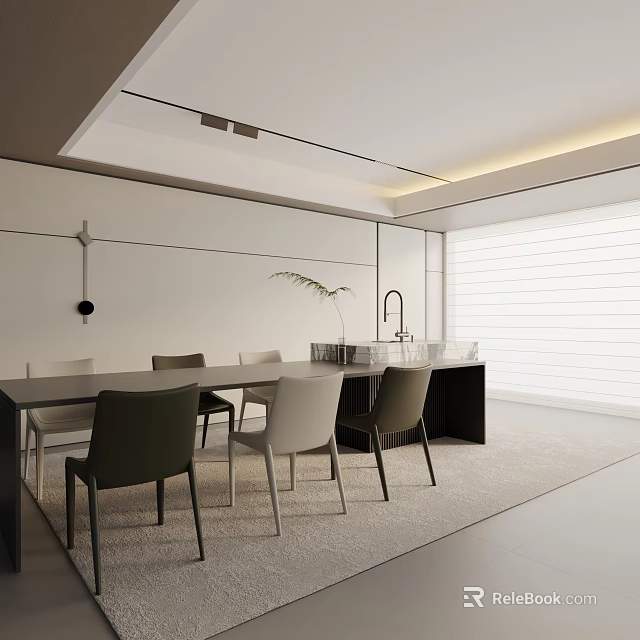 Modern Dining Table Set With Mixed Color Chairs And Minimalist White Interior 3d model 