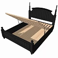 Black Double Bed in Green Patterned Wallpaper Background with Striped Bedspread Nightstands Lamp Mirror