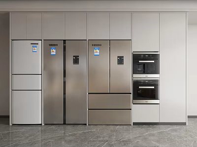 Modern Kitchen Interior With Stainless Steel Refrigerators And Freezers In Built In Cabinets 3d model