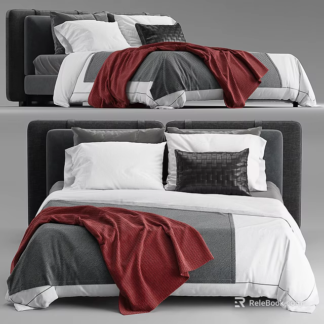 Modern Double Bed Design With Gray White Sheets Red Blanket And Black Pillow 3d model
