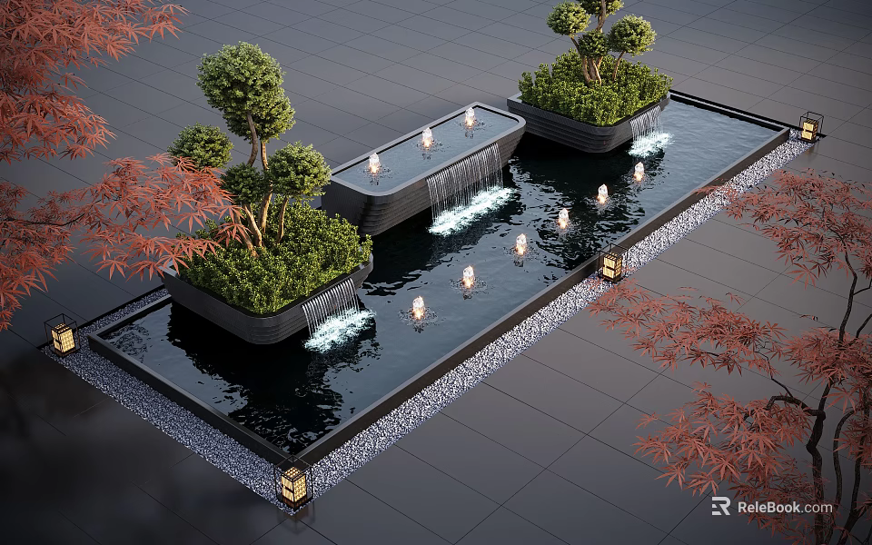 Modern Decorative Water Fountain With Green Plants Lighting And Stone Pavement Design 3d model 