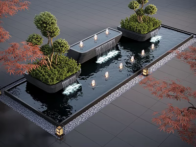 Modern Decorative Water Fountain With Green Plants Lighting And Stone Pavement Design 3d model