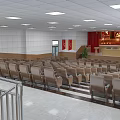 Spacious Conference Room Interior Setup With Rows of Chairs Front Platform Red Curtains Hanging Banners