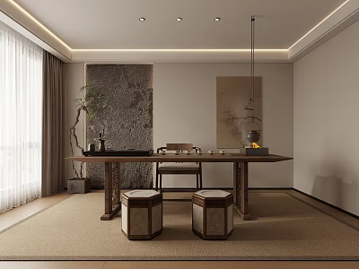 Traditional Tea Room Interior With Wooden Table Stools Stone Wall And Hanging Painting 3d model