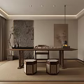 Traditional Tea Room Interior With Wooden Table Stools Stone Wall And Hanging Painting