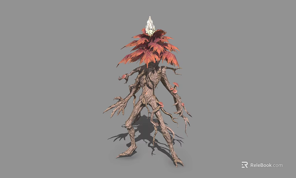Mystical Tree Root Humanoid Game Movie Character With Red Leaf Head And Glowing White Top 3d model 