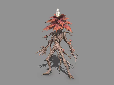 Mystical Tree Root Humanoid Game Movie Character With Red Leaf Head And Glowing White Top 3d model