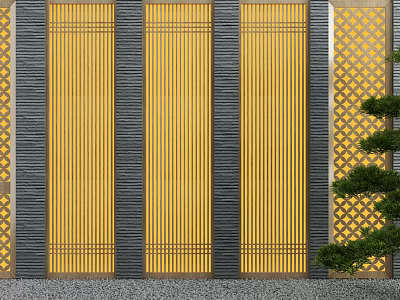 Yellow Scenic Wall With Vertical Stripes Black Decorative Strips And Lattice Pattern Near Green Plants 3d model