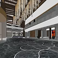 Spacious Hotel Lobby With High Ceiling Wooden Columns And Elegant Chandeliers Design