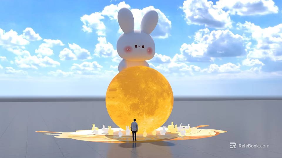 Giant White Rabbit Inflatable Standing On Yellow Moon With Blue Sky Clouds And Person Below 3d model 