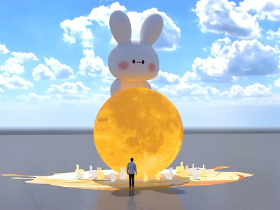Giant White Rabbit Inflatable Standing On Yellow Moon With Blue Sky Clouds And Person Below 3d model