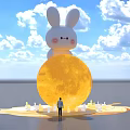 Giant White Rabbit Inflatable Standing On Yellow Moon With Blue Sky Clouds And Person Below