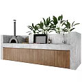Stylish Outdoor Kitchen Setup With Pizza Oven Wooden Cabinets Concrete Counter Sink And Plants