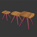 Three Wooden Stools With Curved Seats Slender Legs Wood Grain And Reflections On Dark Background