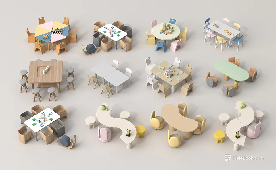 Sturdy Children's Table Various Designs With Colorful Chairs For Kids Playroom Furniture 3d model 