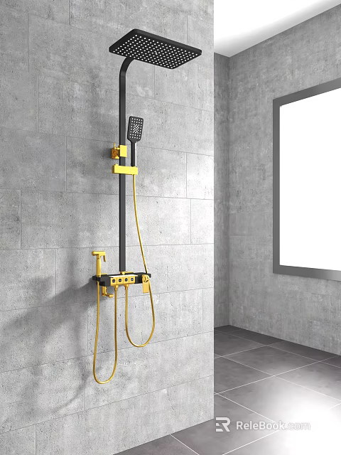 Yellow Shower System With Fixed Overhead And Handheld Spray On Gray Tile Wall Near Window 3d model 